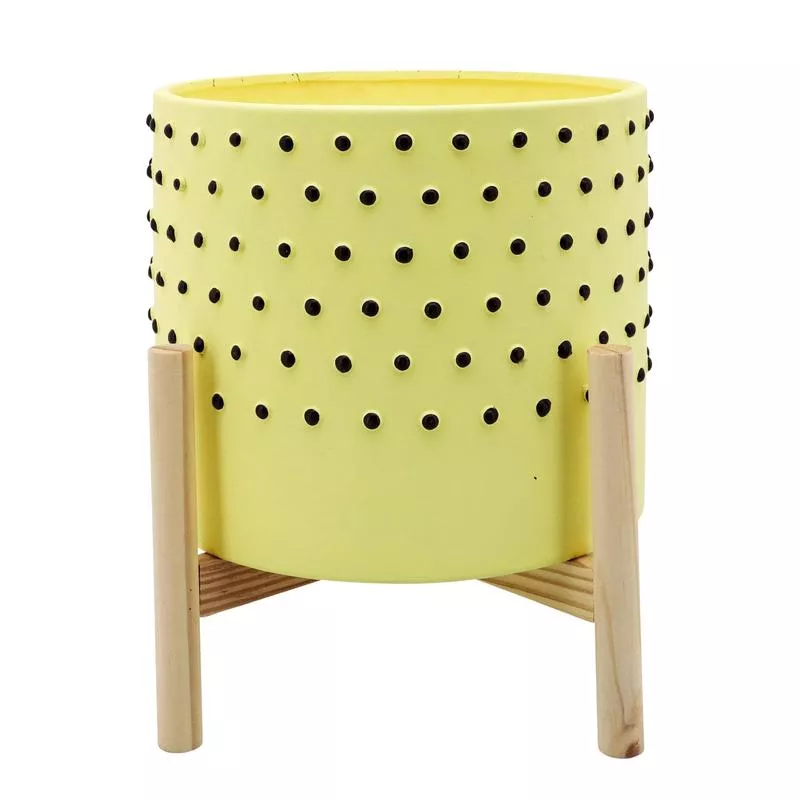 10″ DOTTED PLANTER W/ WOOD STAND, YELLOW