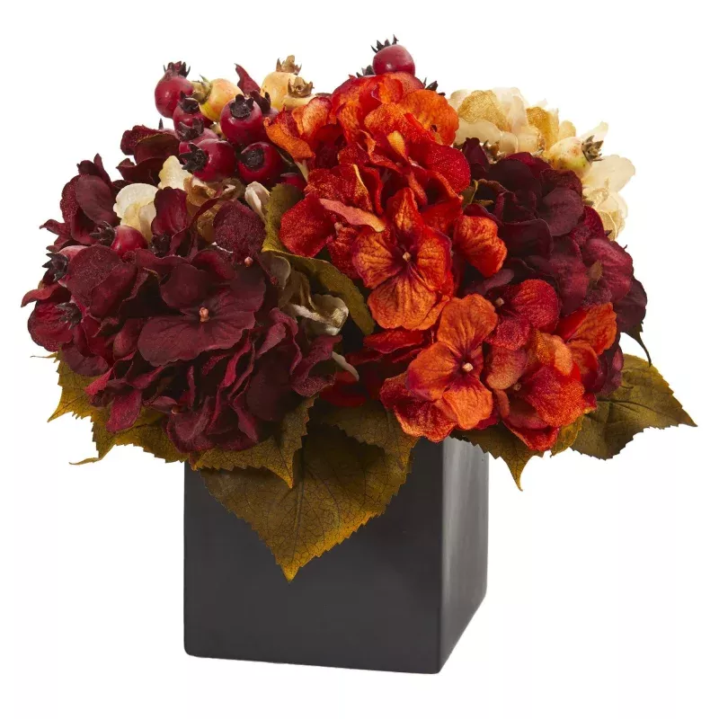 12 Autumn Hydrangea Berry Artificial Arrangement in Black Vase