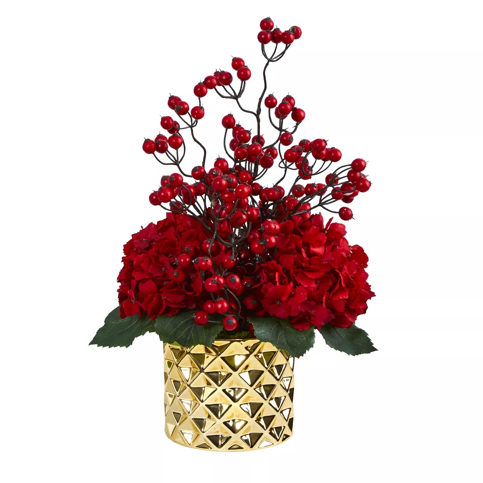 18 Hydrangea and Berries Artificial Arrangement in Gold Vase