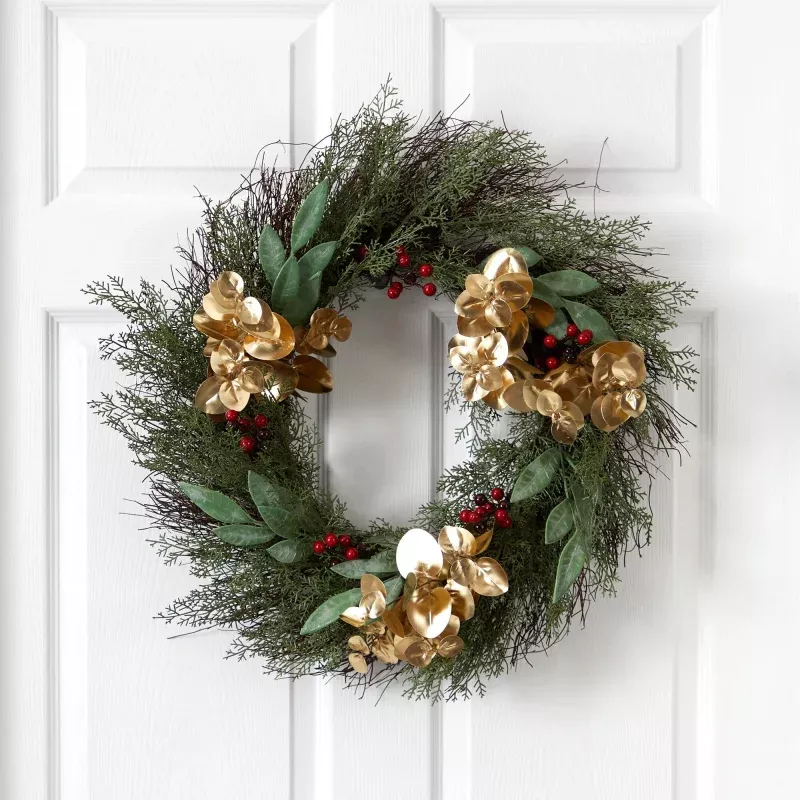 20 Cedar, Ruscus, Berries and Golden Eucalyptus Artificial Wreath