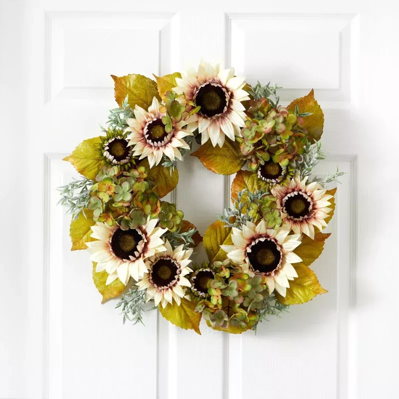 24 White Sunflower and Hydrangea Artificial Autumn Wreath