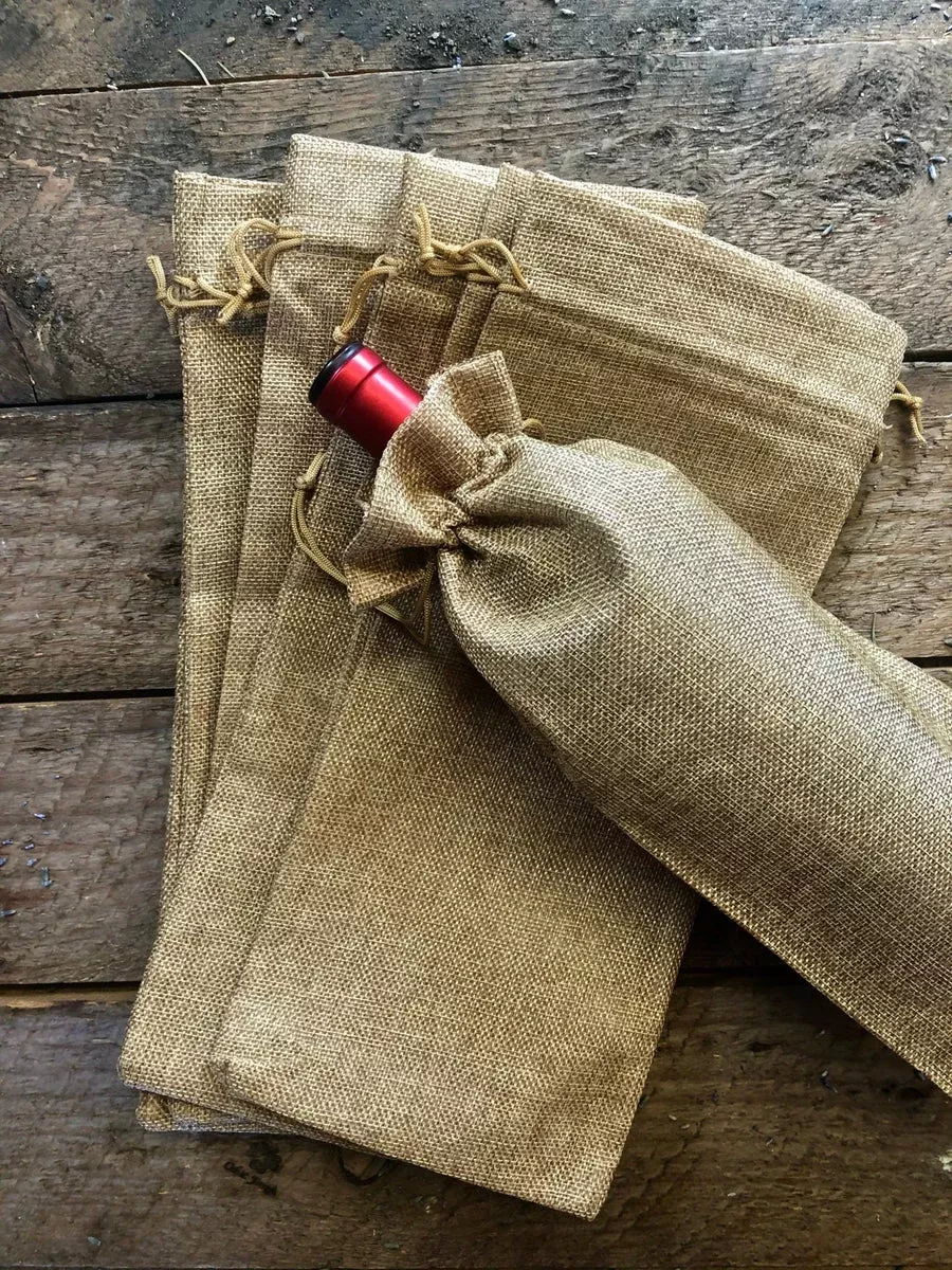 (25) Burlap Wine Bottle Gift Bags with Drawstring (Jute Wine Bag) – 6″x14″