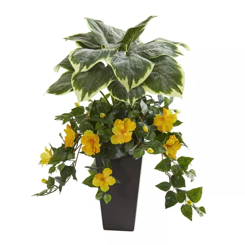 32 Hosta and Hibiscus Artificial Plant in Black Vase