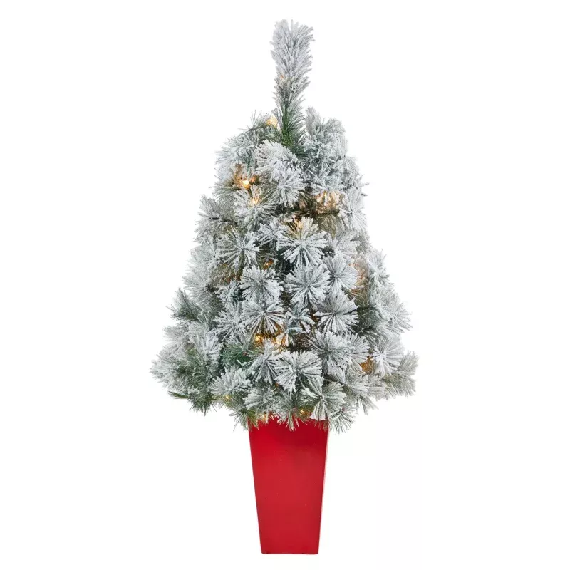 44 Flocked Oregon Pine Artificial Christmas Tree with 50 Clear Lights and 113 Bendable Branches in Red Tower Planter