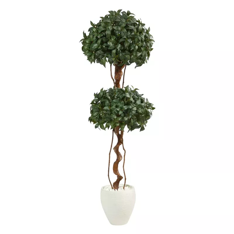 5.5 Sweet Bay Double Ball Topiary Artificial Tree in White Planter