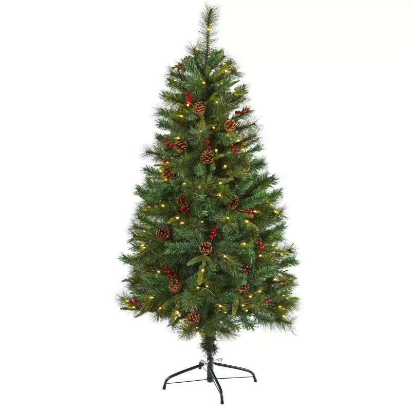 5 Mixed Pine Artificial Christmas Tree with 150 Clear LED Lights, Pine Cones and Berries