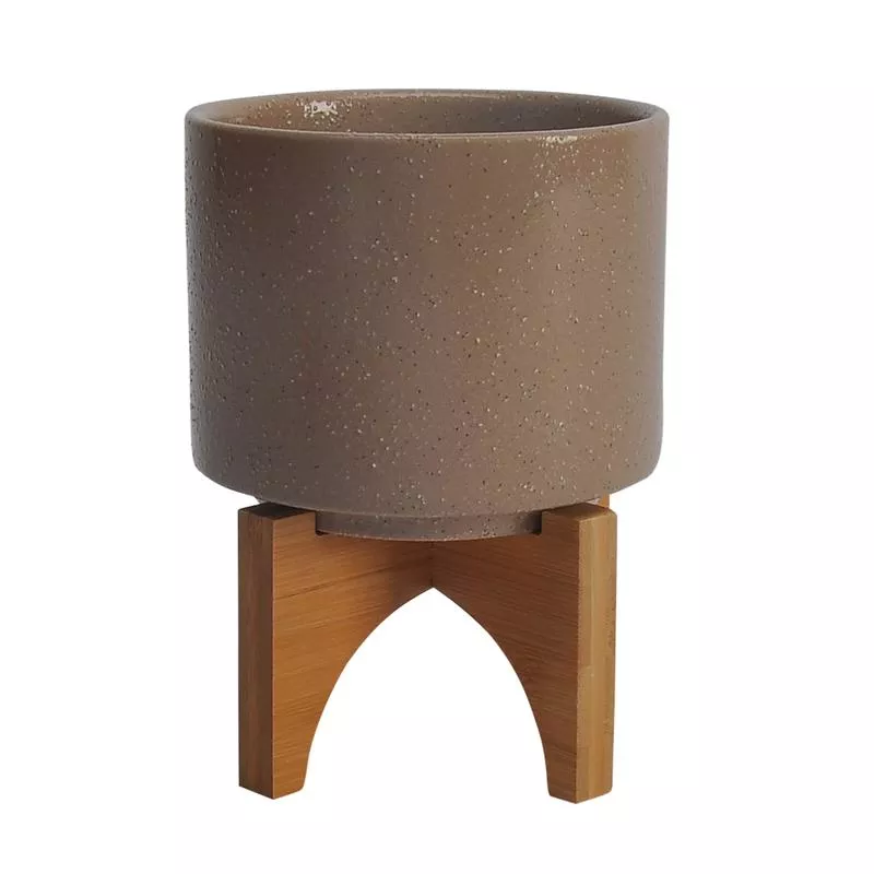 5″ PLANTER W/ WOOD STAND, BEIGE