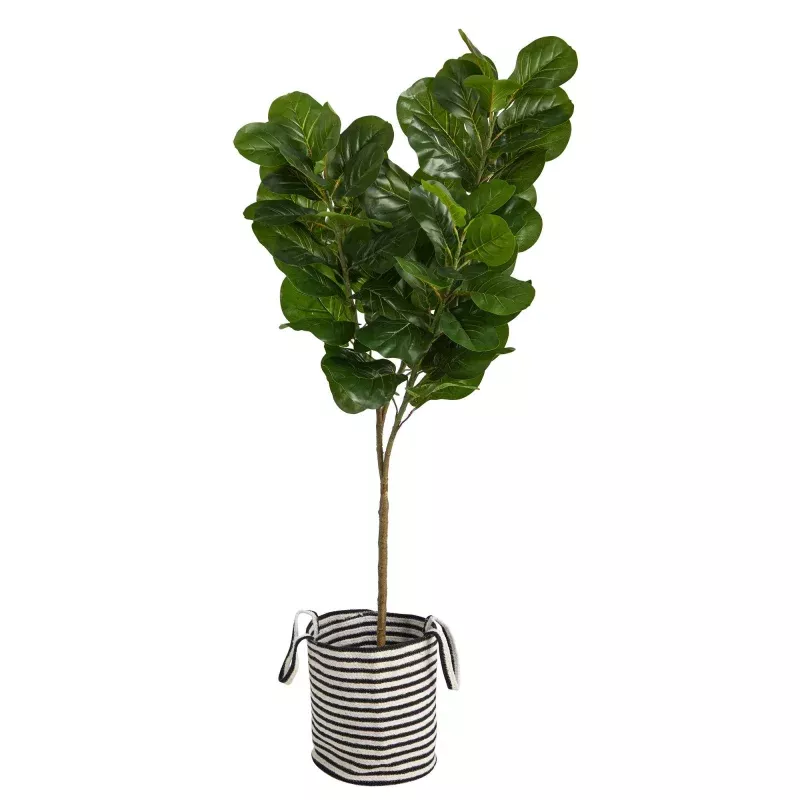 6 Fiddle Leaf Fig Artificial Tree in Handmade Black and White Natural Jute and Cotton Planter