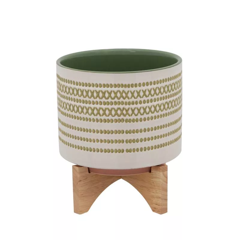 8″ AZTEC PLANTER W/ WOOD STAND, OLIVE