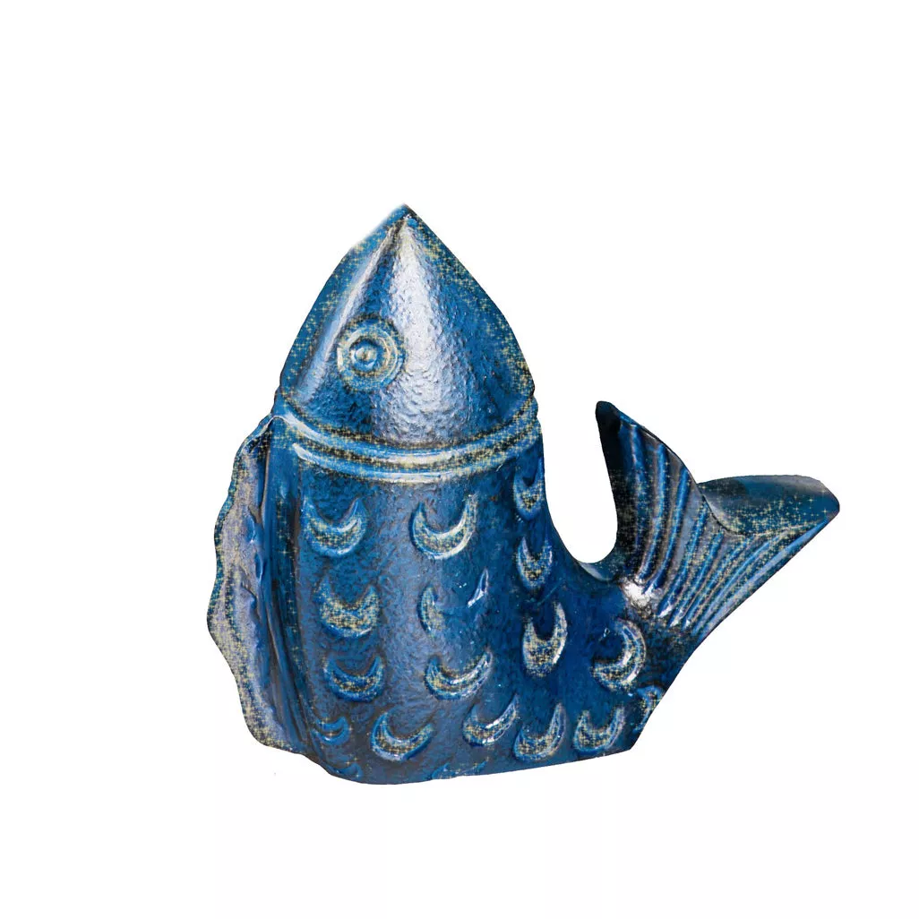 Artisan Distressed Metal Blue Fish Statue, 6in