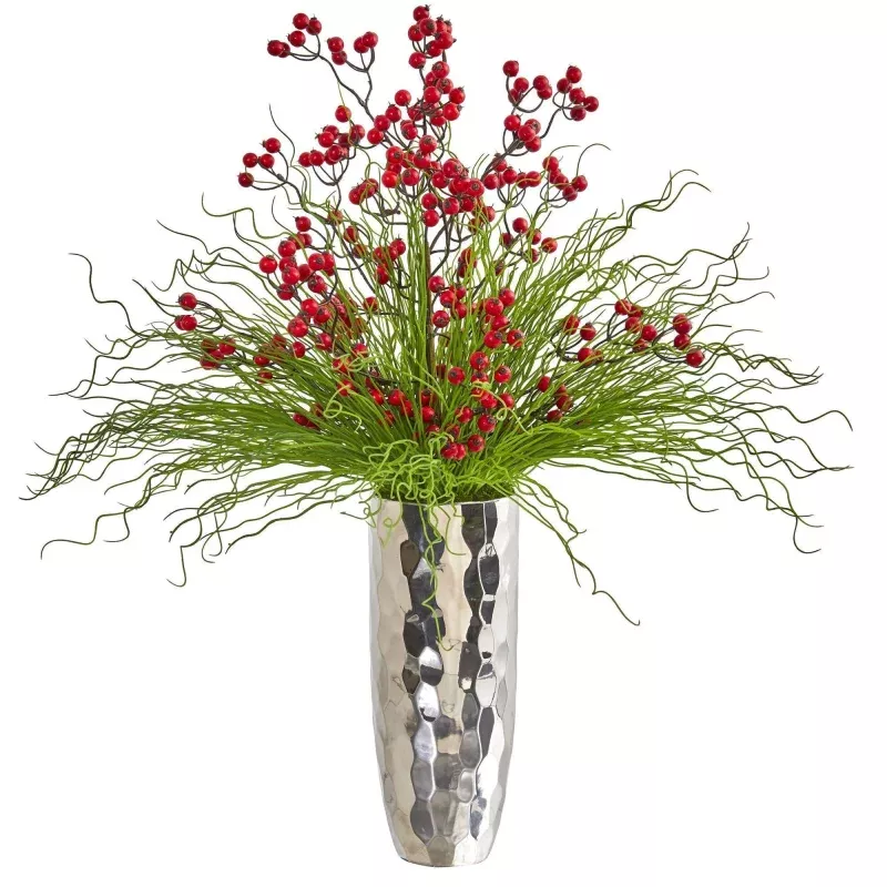 Berry and Grass Artificial Arrangement in Silver Vase