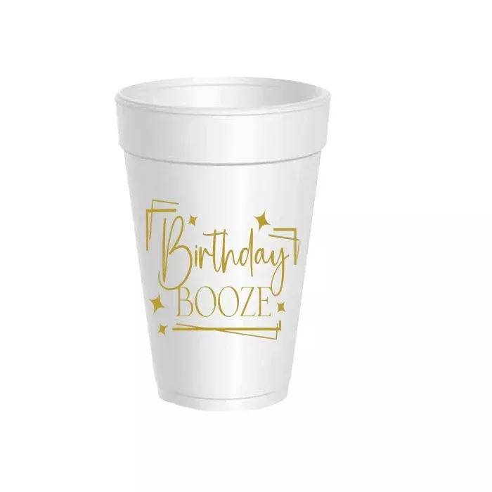 Birthday Booze Styrofoam Cups – Metallic Gold