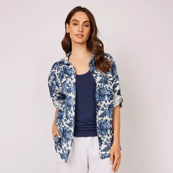Blouse Double Pocket Linen Blue Floral