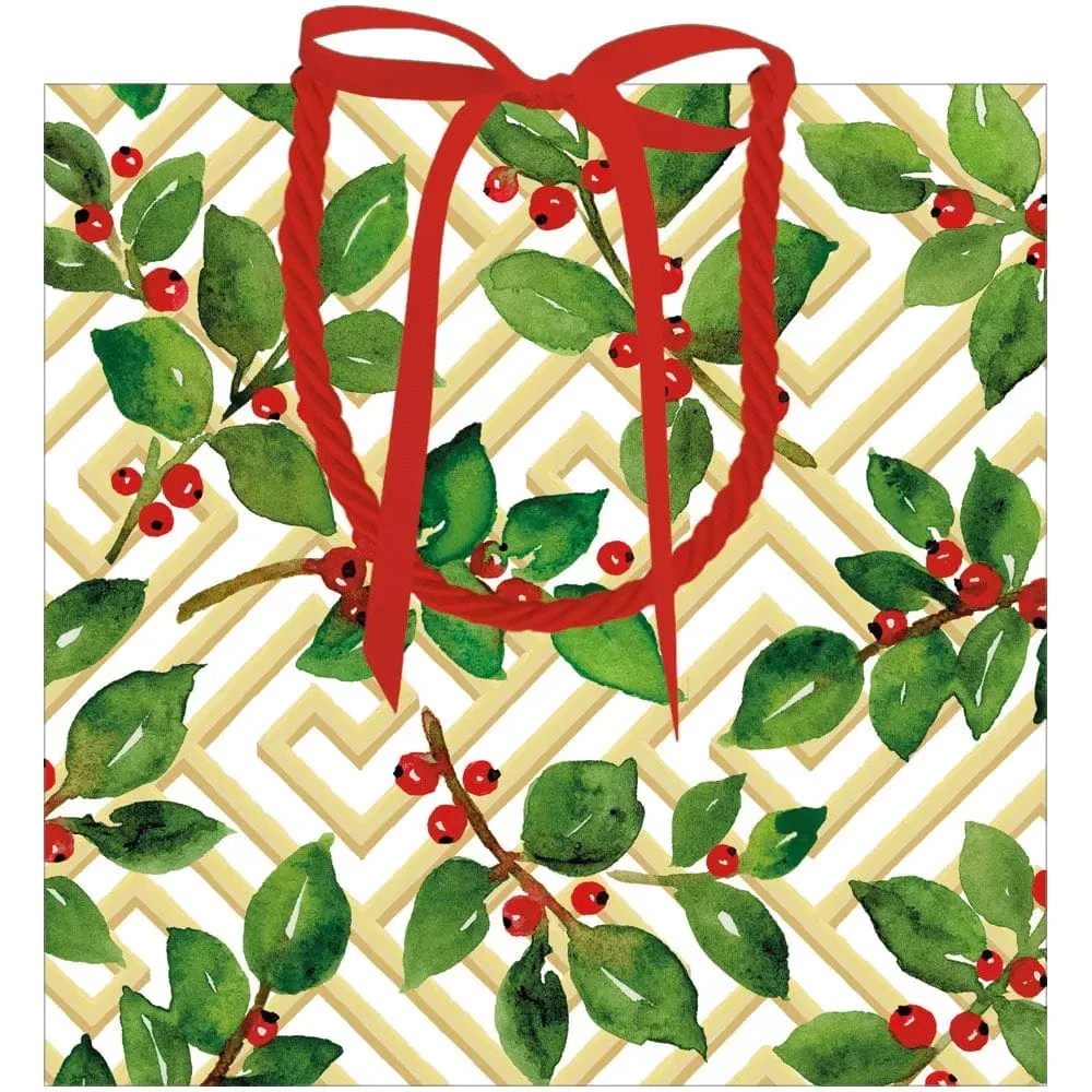 Caspari Holly and Fretwork Small Gift Bag