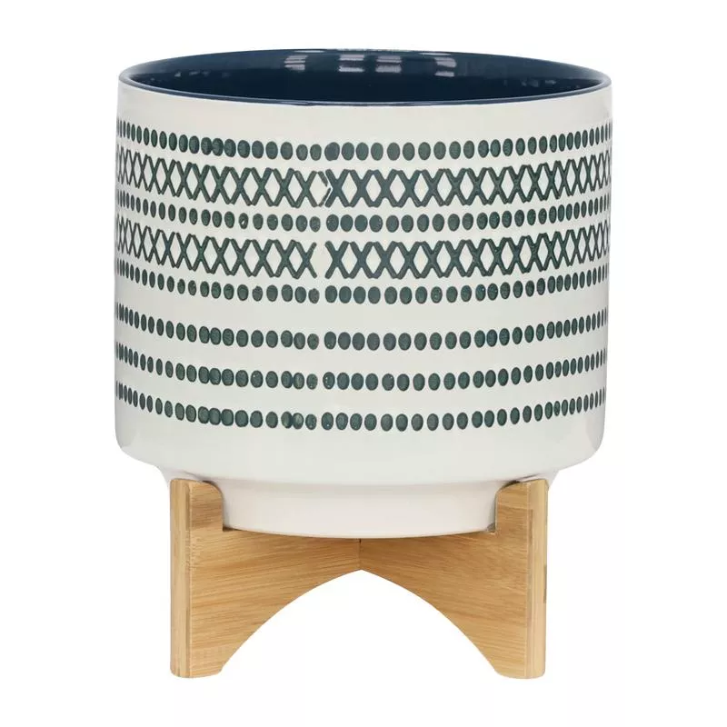 CERAMIC 10″ PLANTER ON STANDW/ DOTS, BLUE