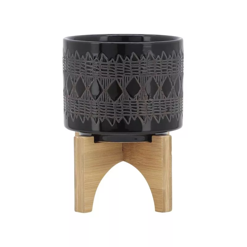 CERAMIC 5″ AZTEC PLANTER ON WOODEN STAND, BLACK