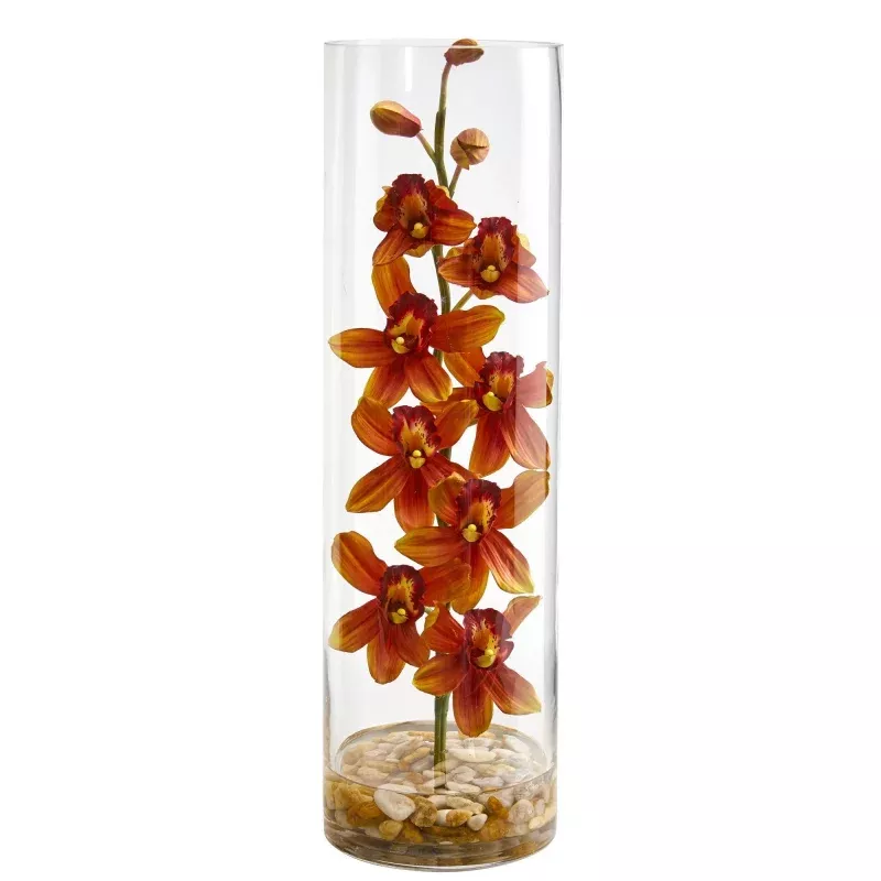 Cymbidium Orchid Artificial Arrangement in Cylinder Vase