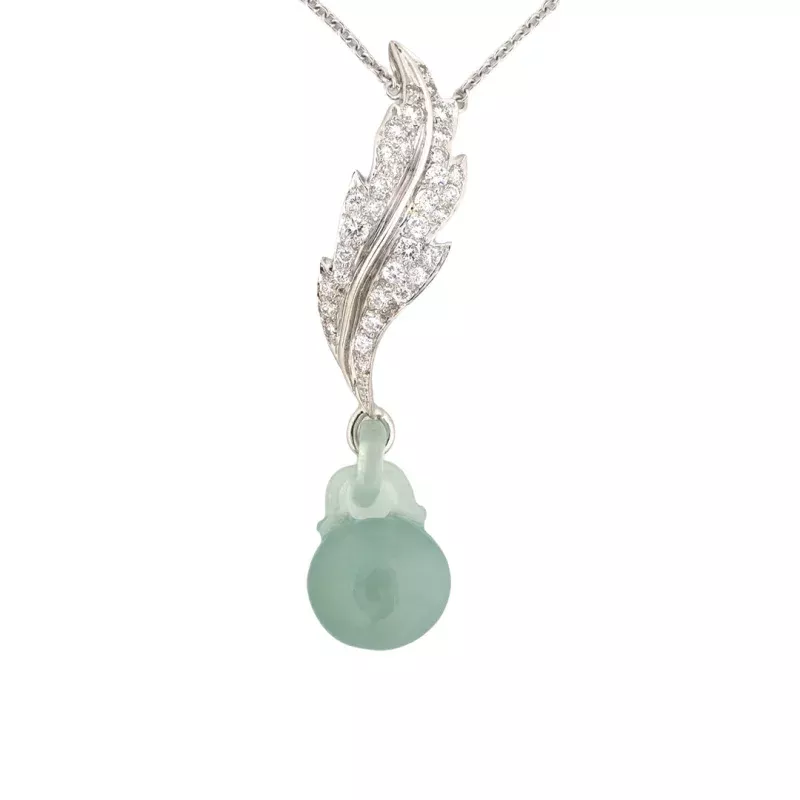 Diamond Leaf & Green Jade Gourd Pendant Necklace