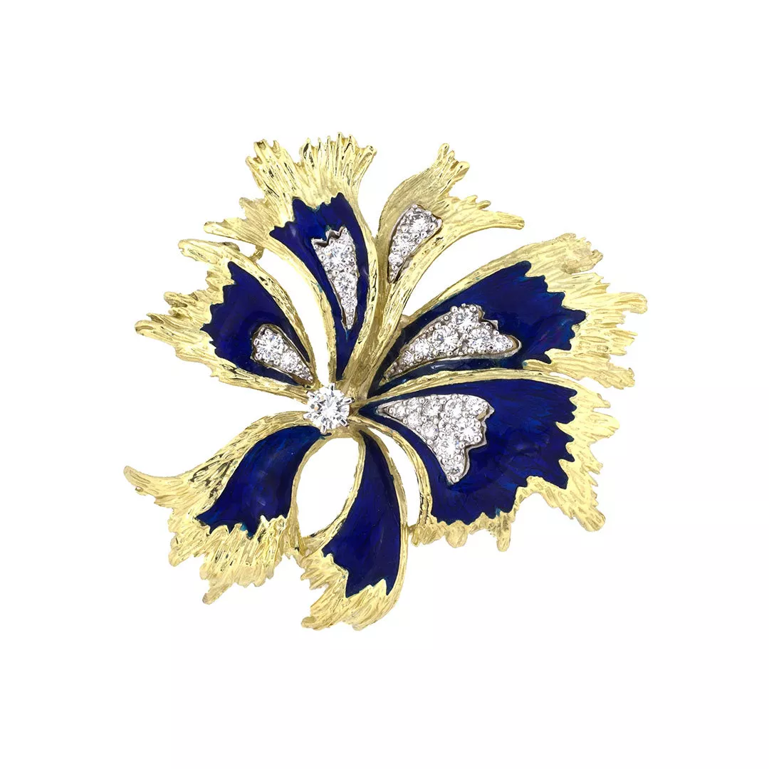 La Triomphe Diamond & Blue Enamel Flower Pin