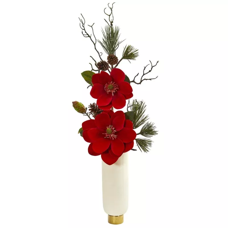 Magnolia and Pine Artificial Arrangement in White Vase