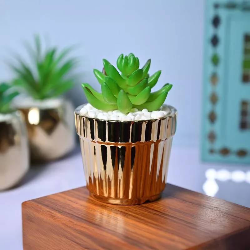 Modern Elegance – Striped Ceramic Pot with Artificial Plant