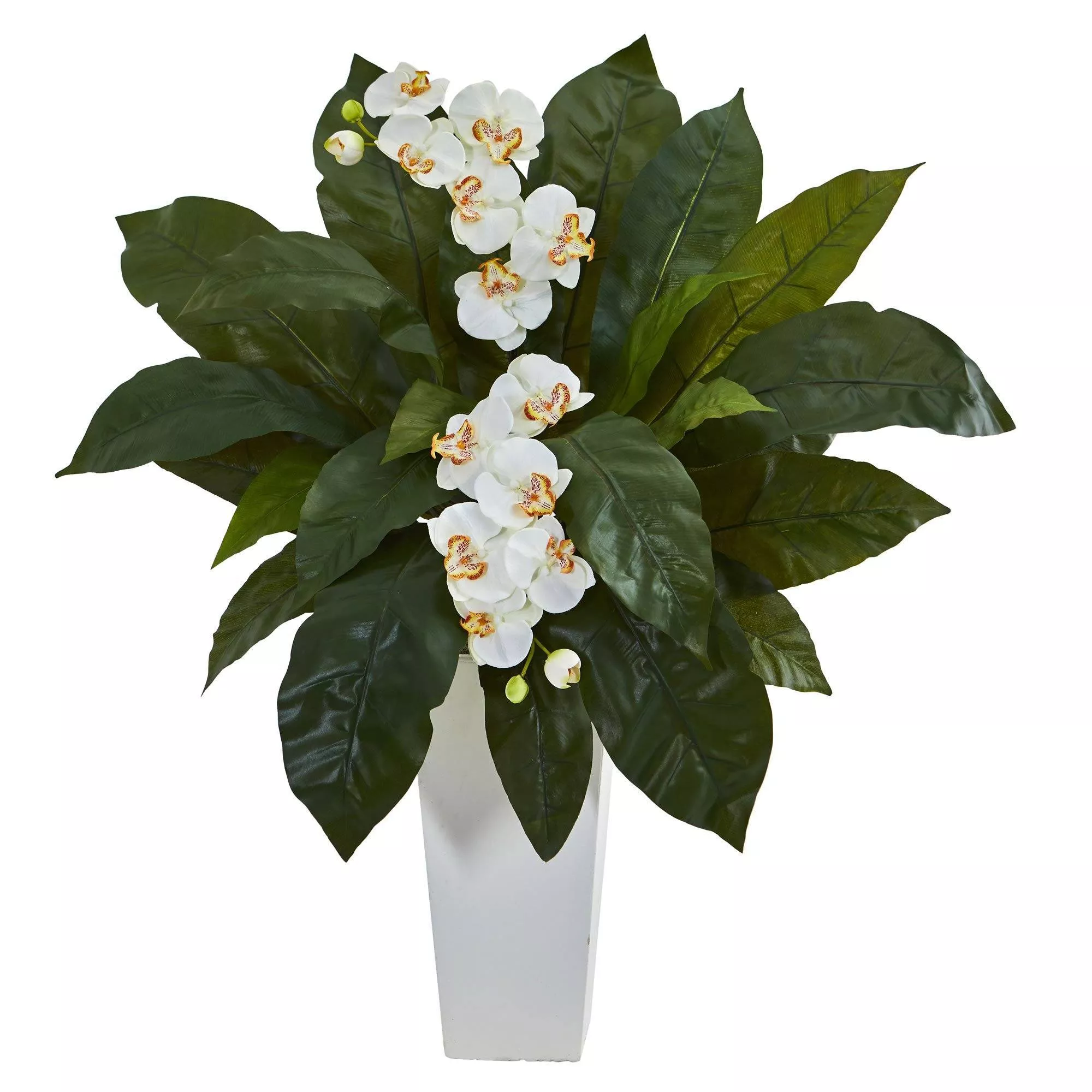 Orchid and Birdsnest Artificial Arrangement in White Tower Planter