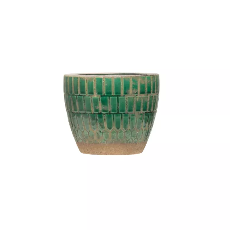Pot, 4in, Terracotta, Distressed Tiled, Green