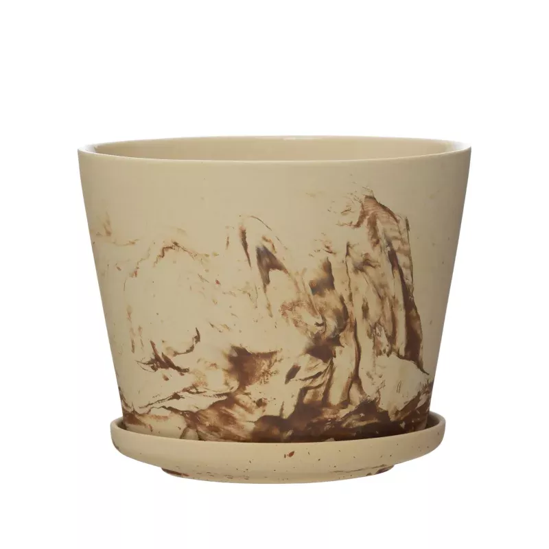 Pot, 6in, Stoneware, Reactive Brown Swirl w/Saucer