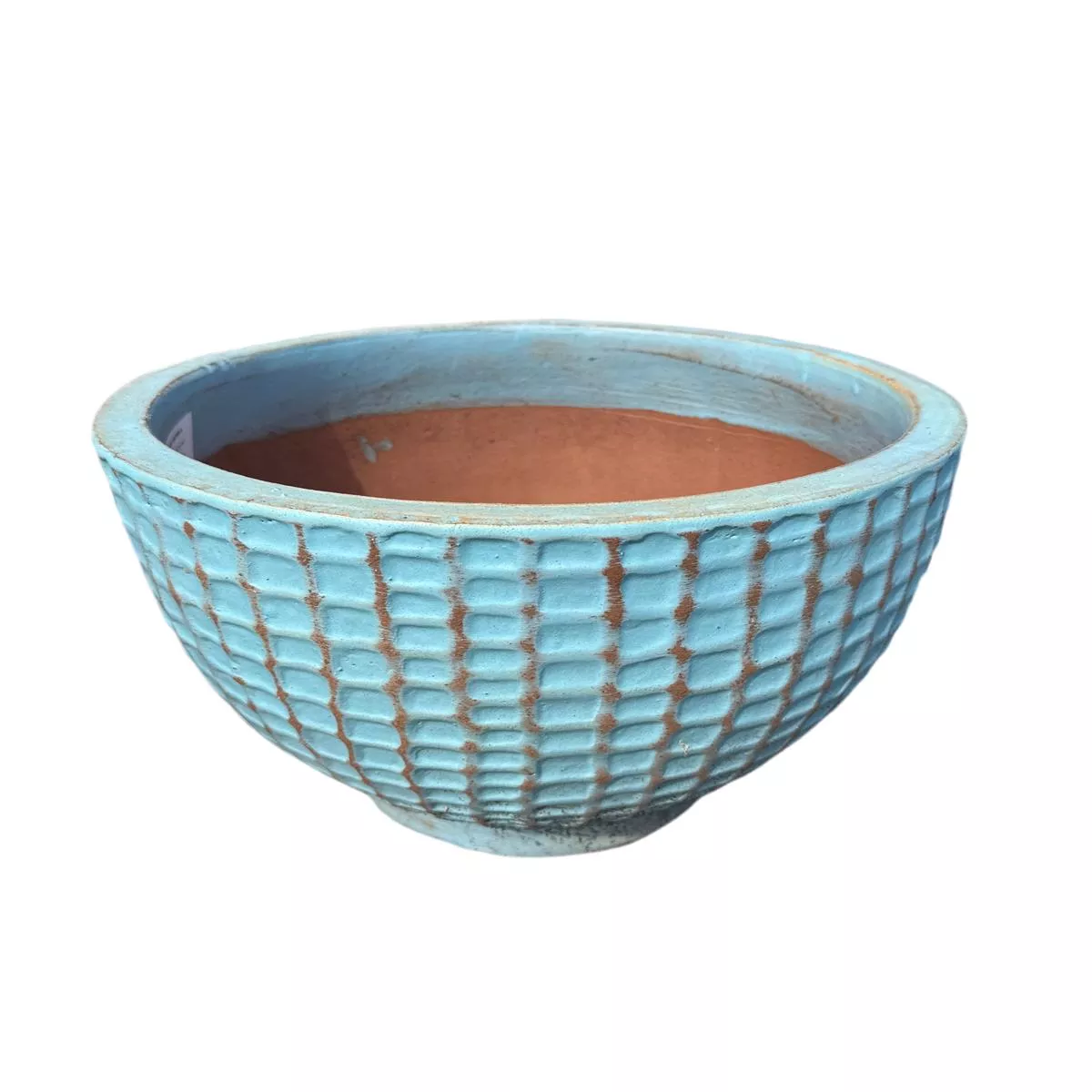 Round Dimpled Planter w Base – Rustic Light Blue | 12″L x 12″W x 9″H