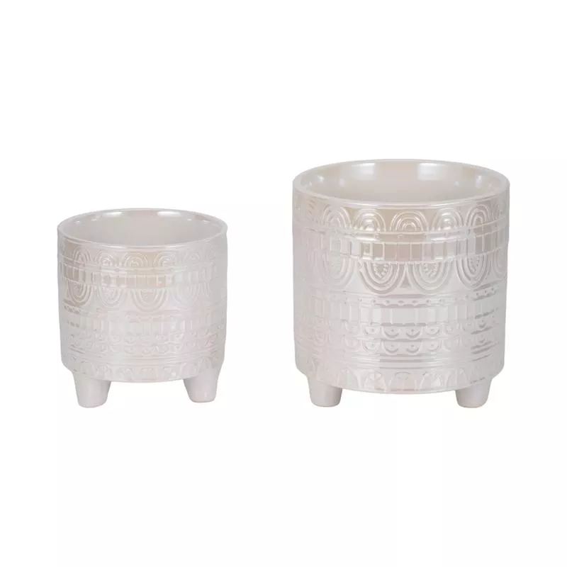 S/2 6/8″ Iridescent Boheme Footed Planters, Ivory