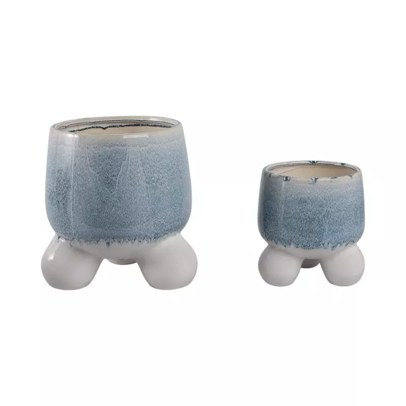S/2 8/11″ Knobby Footed Planters, Blue/white