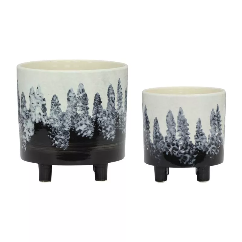 S/2 Ceramic Footed Planters 9/6″, White/Black