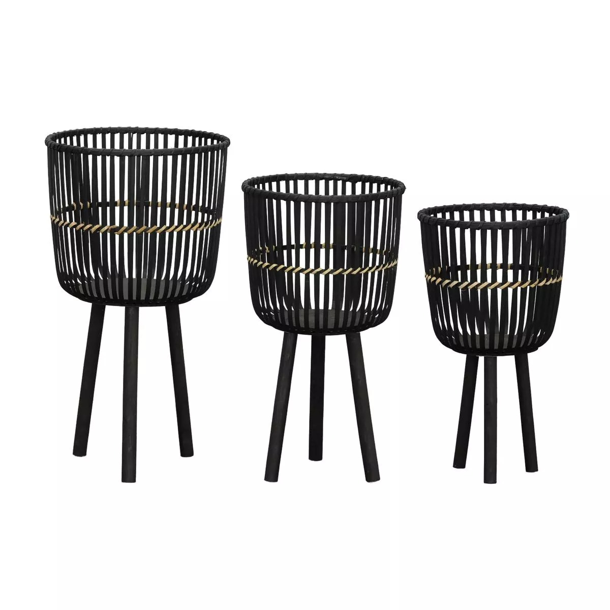 S/3 BAMBOO FOOTED PLANTERS 11/13/15″, BLACK