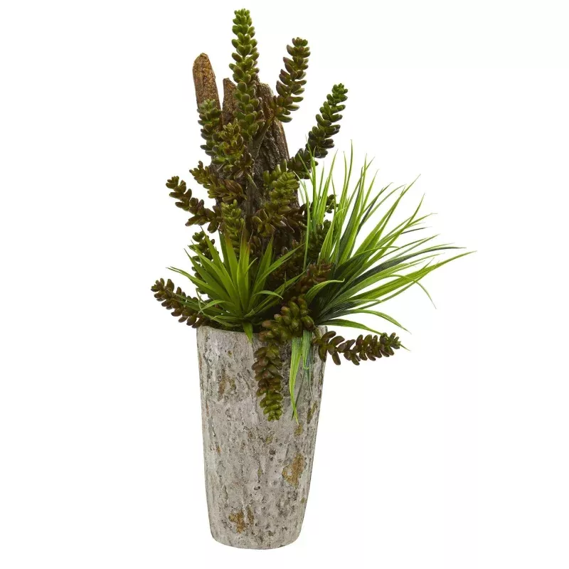Succulent and Grass Garden Artificial Plant in Weathered Planter