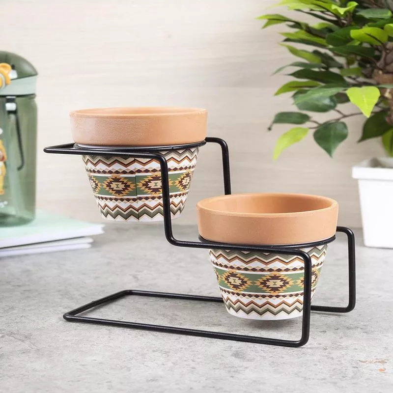 Table Planters with Holder, Tribal Print, 2 Planters, Multicolor, Ceramic