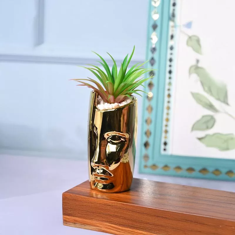 Tranquil Expression – Face Design Ceramic Pot with Artificial Plant