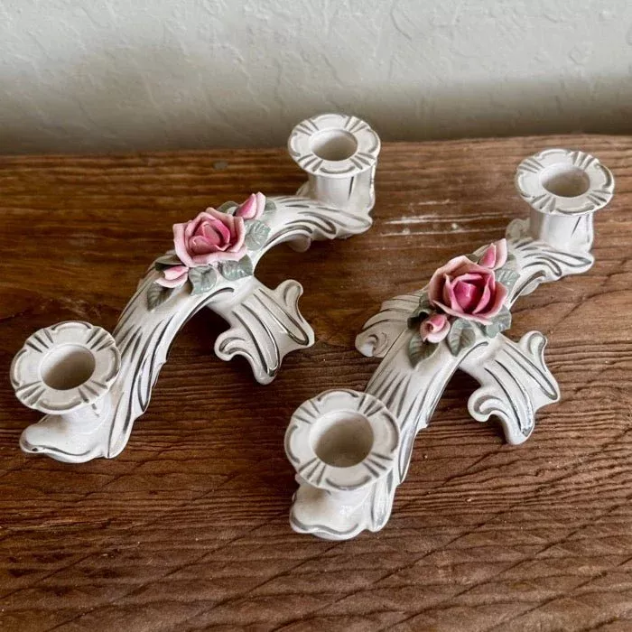 Vintage Floral Porcelain CandelabraSet